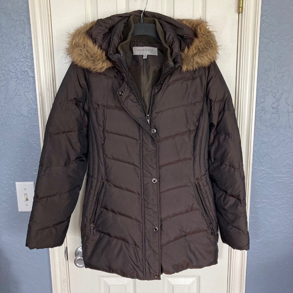 💜EUC Anne Klein Brown Coat with Faux Fur Trimmed Hood